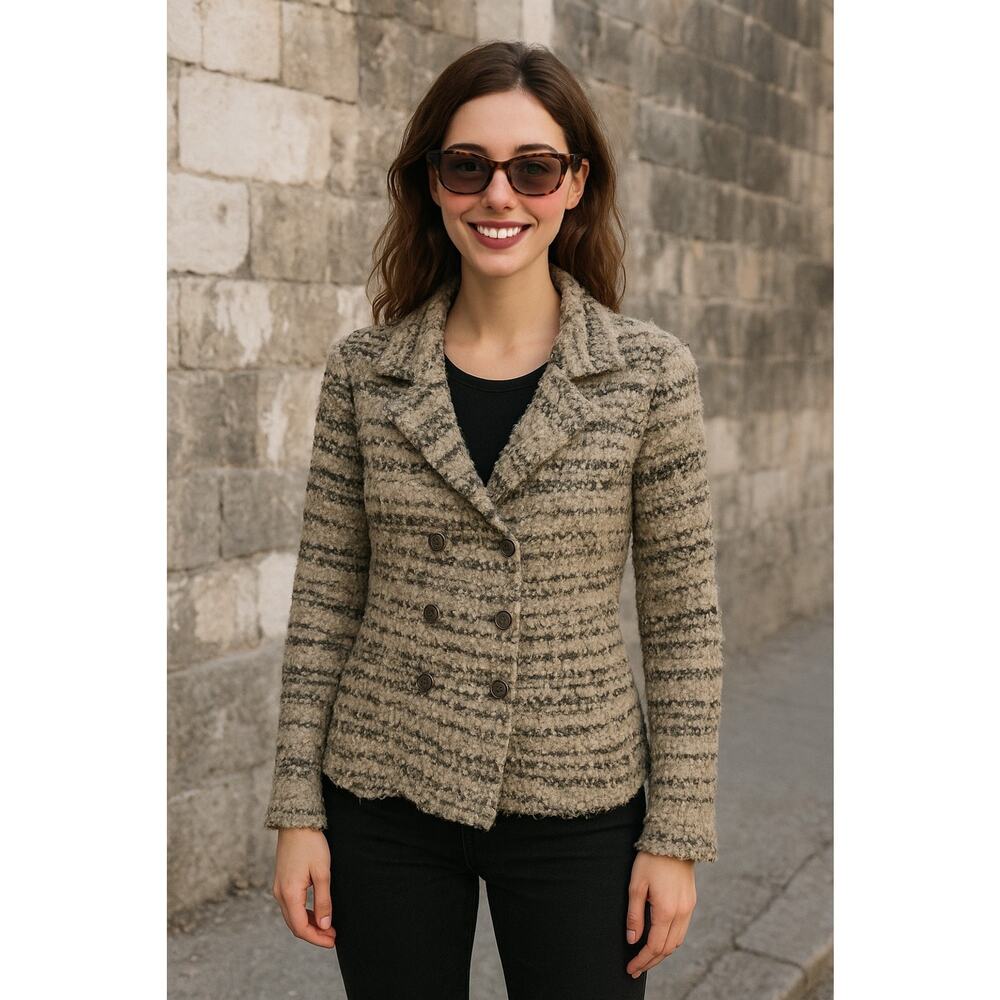 Free People Blazer Jacket Womens XS‎ Black Boucle Knit Double Breasted Raw Edge